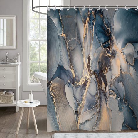 Rideau de douche marbré 180 x 200 cm, abstrait, bleu marine, gris, doré, à paillettes, moderne, texture cristal, encre artistique, imperméable, tissu polyester, lavable, avec crochets (1/5)