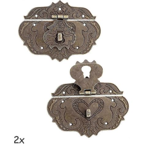 Un ensemble de deux loquets en fer bronze pour meubles, rideaux, coffres et valises coulissantes, mesurant 95 x 73 mm, avec vis. (1/5)