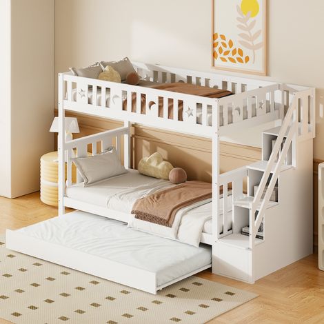 Lit superposé enfant 90x200 cm + lit gigogne 90x190 cm - en bois massif - avec escalier de rangement - Blanc (1/5)