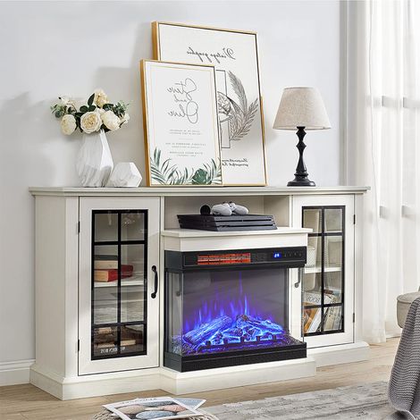 24 Inch LED Electric Fireplace 3 Flame Colours with White TV Stand (1/5)