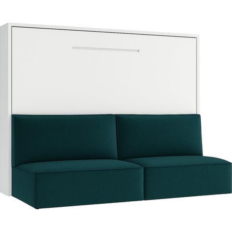 Lit escamotable horizontal LOGIA Bleu canard lit+canapé-140x200-Canapé Bleu canard-Structure Chêne blanc-Version lit+canapé (1/5)
