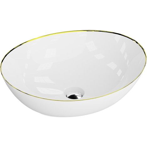 LAVITA Aufsatzwaschtisch Fresa Gold Aufsatzwaschbecken Oval Waschbecken Ohne Überlauf und Hahnloch Aus hochwertigem Porzellan Waschtisch 41,5x34x13,5 cm Weiß/Gold (1/4)