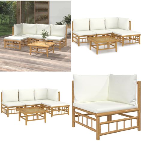 Set de muebles de jardín 5 piezas bambú y cojines blanco crema - Muebles de exterior - Sofás de jardín
