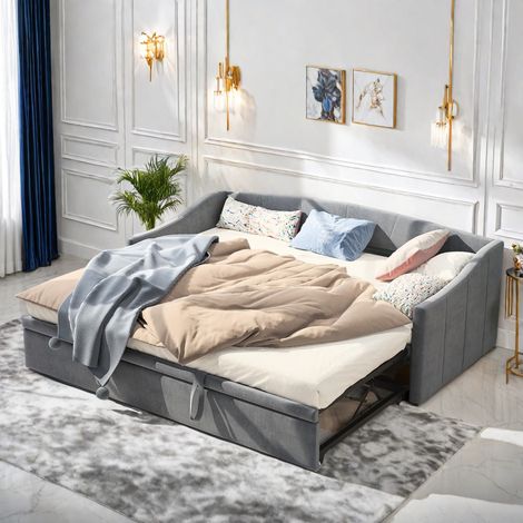 Letti DAY 90/180 x 200 cm, divano letto pieghevole, divano letto estraibile, letto singolo imbottito, divano letto con letto estraibile, grigio, velluto, senza materasso (1/5)