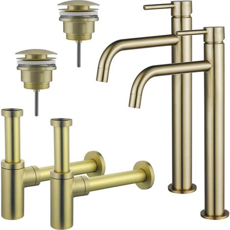 FugaFlow Eccelente Sobrado Slim Kit robinet lavabo - pour double vasque - robinet rehaussé - bonde clic clac - siphon design - Laiton brossé PVD (1/4)
