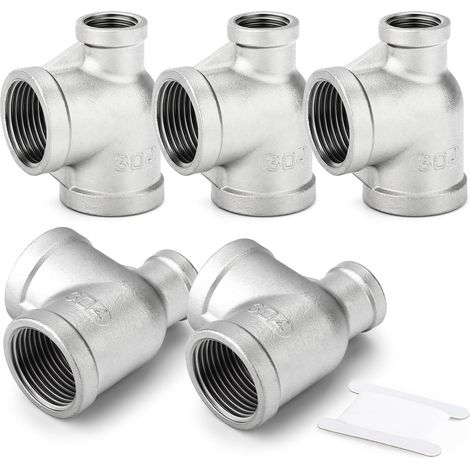 5-piece stainless steel 304 female reducing tee, 1" - 1" - 1/2" BSP with reducing diameter side water hose adapter accessories