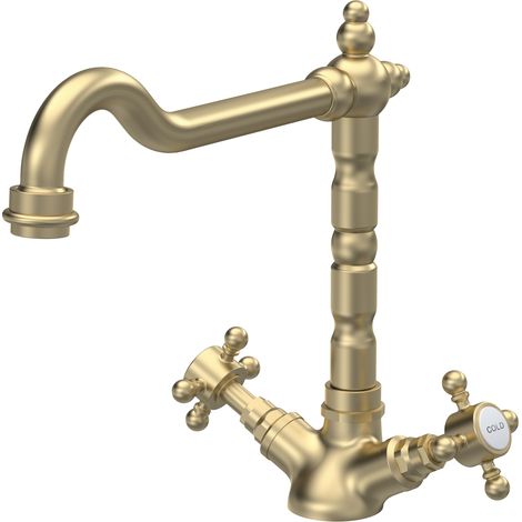 Nuie French Classic Kitchen Sink Mixer Tap Swivel Spout Dual Handle - Brushed Brass (1/2)