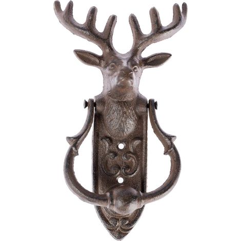 Heurtoir de porte rustique vintage JeiibrZui avec tête de cerf - Fixation murale en fonte - 24 cm - 1 pièce - Marron - Usage intérieur et extérieur - Ambiance rétro (1/5)