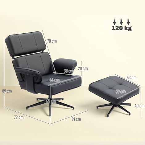 Fauteuil relax inclinable avec pouf intégré, similicuir noir, dossier inclinable, repose-pieds escamotable, appui-tête ajustable, piètement métallique robuste (1/5)
