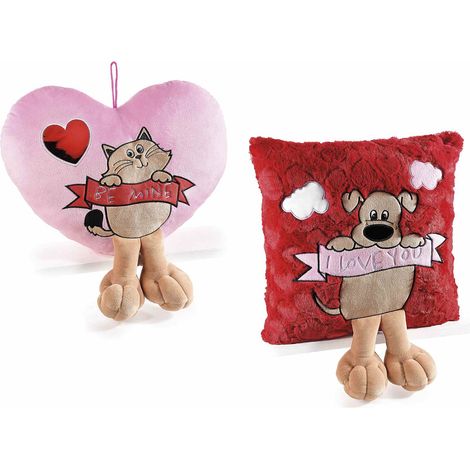 Cuscini di San Valentino imbottiti ricamati cani e gatti con zampe in peluche e scritta I Love You, set da 2 pezzi, cm 35 x 35 H