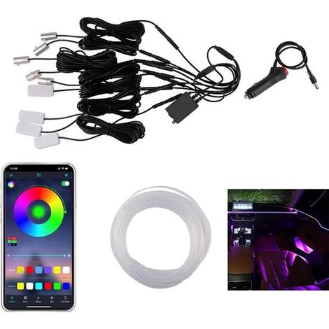 Illuminazione interna a LED per auto, 5 in 1, cavo in fibra ottica RGB lungo 6 metri, 16 milioni di colori, sincronizzazione musicale e controllo del cruscotto e dei rivestimenti tramite un'app.