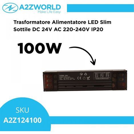Trasformatore Alimentatore LED Slim Sottile 100W DC 24V AC 220-240V IP20 Dimmerabile a DIP con Coperchio Protezione su Morsetti 150x35x25mm