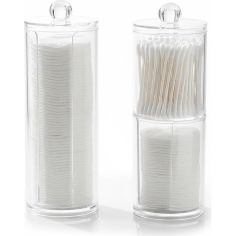 Juego de 3 dispensadores de hisopos y discos de algodón, caja de almacenamiento de acrílico transparente con tapas, organizador de maquillaje. (1/5)