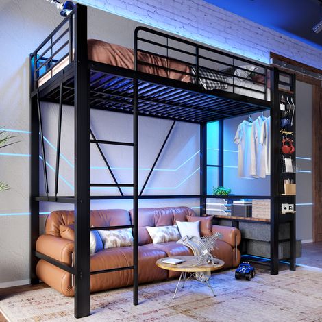 Lit mezzanine 90x200 cm avec tiroirs et étagères, prise USB Type-C, LED, cadre métal MDF, noir(Sans matelas) (1/5)