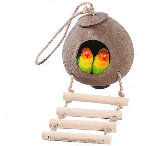 Casita para pájaros de cáscara de coco, Nido para pájaros de cáscara, Comedero colgante, Comedero, Diámetro 14 cm, Diámetro 7,5 cm, Color madera (1/5)