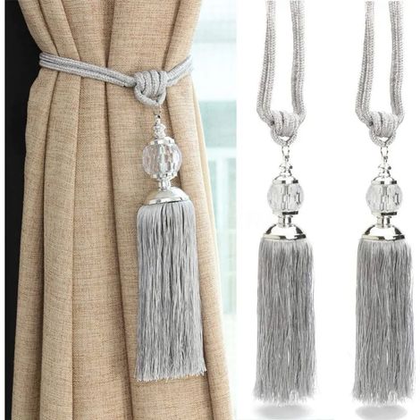 Tende con nastro di cristallo, nappe, decorativa per casa, ufficio, 2 pezzi, colore: grigio (1/5)