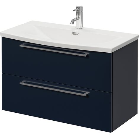 Napoli 390 Deep Blue 800mm Wall Mounted 2 Drawer Vanity Unit with Arc Basin - 800mm - Chrome 480mm Handle