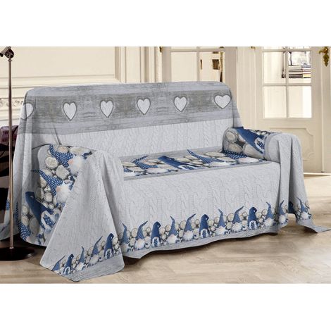Telo Arredo Linea Pensieri Delicati In 100% Cotone Disegno Gnomi Colore Blu, misuraMatrimonialecoloreBlu