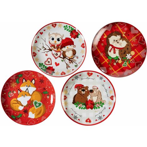 Piatti di Natale per alimenti in porcellana decori natalizi e animaletti autunnali gufetti, ricci, volpi e orsetti, set da 8 pezzi, Ø 20,5 cm