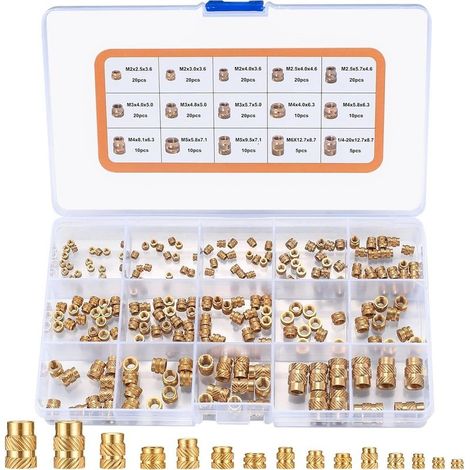 220 Pièces Écrous Moletés à Filetage, Écrous Filetés, M2/M2.5/M3/M4/M5/M6 Insert Fileté Laiton Femelle avec Filetage Interne pour Impression 3D (1/5)