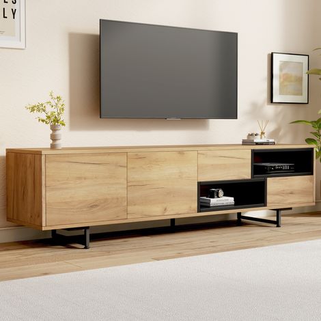 Meuble TV bas avec 2 tiroirs et 2 rangements ouverts, meuble TV bois avec 2 portes, pieds en métal, 173 x 38 x 48 cm