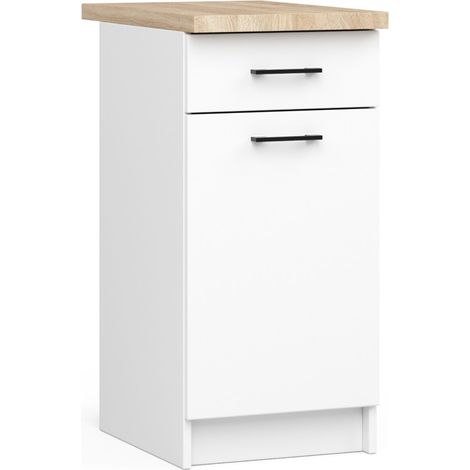 Akord – Armoire de cuisine basse 40 cm – 1 porte battante – 1 tiroir – 2 étagères – Panneau stratifié blanc – Dimensions 40x46x85 cm