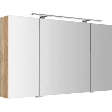 Armoire à miroir RIWA avec. Luminaire LED, 3x portes, 121x70x17cm, chêne Alabama (1/4)