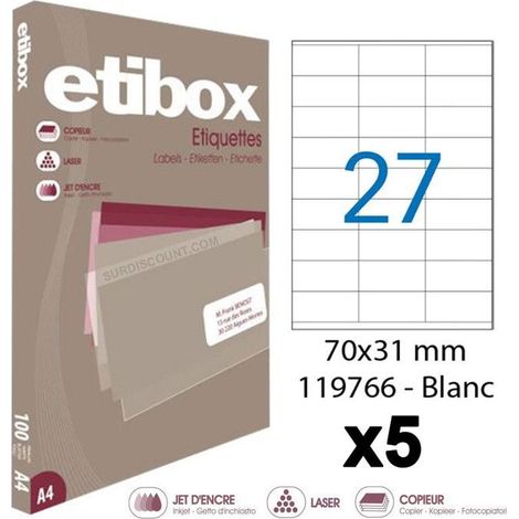 Lot de 5 boites de 2700 Étiquettes - Format 70X31Mm - Etibox - Apli 119766