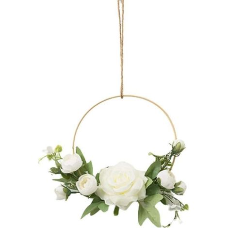 Couronnes De Fleurs Dorées À Accrocher Au Mur, Fleur Artificielle, Cadre Rond, Guirlande De Roses Roses (Blanc) (1/5)