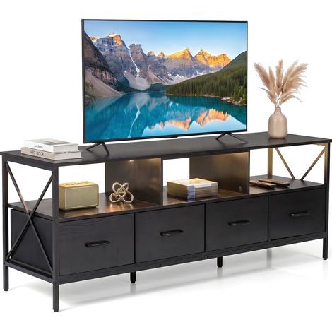 Meuble TV avec Éclairage LED, pour TV jusqu’à 80 Pouces Meuble TV avec 4 Tiroirs Amovibles et 3 Compartiments, Cadre Métallique Renforcé, Noir (1/5)