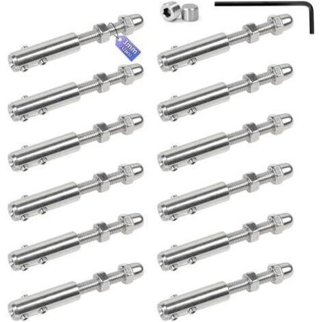 Lot de 12 Tendeurs pour câble 3 mm Serre-câble en inox avec tige filetée et clé Allen, Garniture tension robuste câbles acier, idéale les installations clôtures ou rambardes - (1/5)