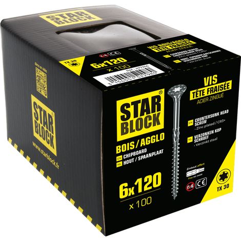 Starblock - Vis à bois/agglo, 6x120, Tête fraisée, Empreinte Torx, Acier zingué, Filetage partiel, Boîte de 100 (1/4)