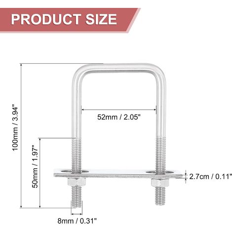 jeux de boulons en U carrés en acier inoxydable 304, largeur intérieure 50 mm (2,05"), longueur 100 mm (3,94") M8 avec écrous, plaque de cadre, joint pour voitures, remorques, bateaux de ski nautique, (1/4)
