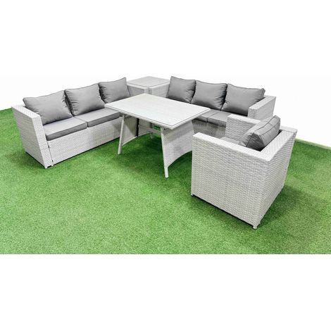 Fimous Outdoor Rattan Garden Furniture Dining Set 7-seater Patio Rectangular Table 3 Seater Sofa Armchair Set with Side Table (1/4)