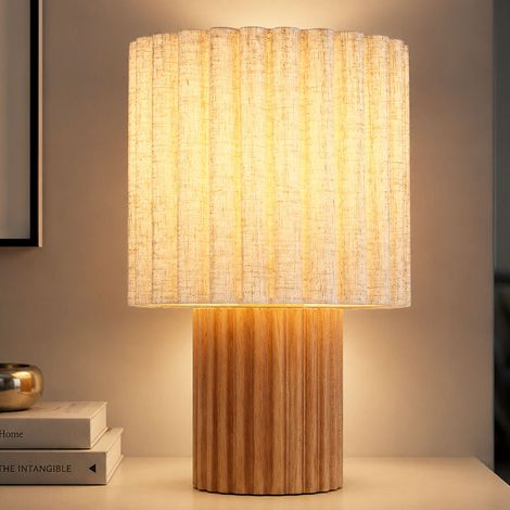 LED Tischleuchte Tischlampe Leinen naturfarben Schlafzimmerlampe Holz H 30 cm (1/5)