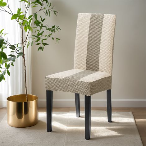 Due coprisedie elasticizzati jacquard a righe a T con blocchi di colore, antipolvere e universali, per sedie da pranzo - beige