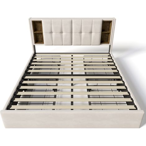 Lit double avec chargement sans fil, USB-C et 4 tiroirs, lit capitonné avec cadre de lit 160x200 cm, sommier à lattes en bois, velours beige (sans matelas) (1/5)