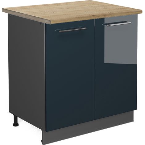 Mueble fregadero cocina Fame-Line, Azul oscuro alto brillo, 80 cm con estante, ET Roble, Vicco