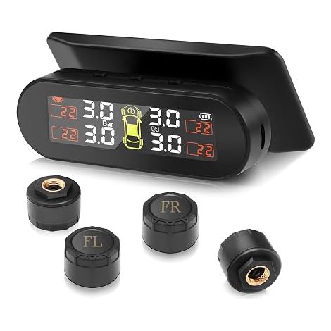 TPMS Système de Surveillance de la Pression des Pneus, Recharge Solaire/USB, 4 Modes D'alarme, Capteurs Externes, Berlines, SUV, Monospaces, Remorques (1/5)