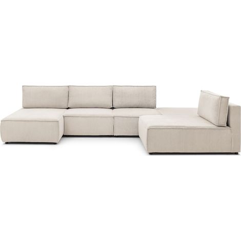 BOBOCHIC - Canapé d'angle fixe 100% modulable NIHAD tissu velours côtelé 2 chauffeuses, 1 pouf et 2 méridiennes Beige (1/5)