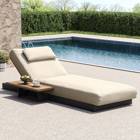 Chaise longue de jardin méridienne pour bain de soleil, structure en aluminium, dossier réglable, coussins résistants aux intempéries, oreiller et table d’appoint en bois (1/5)