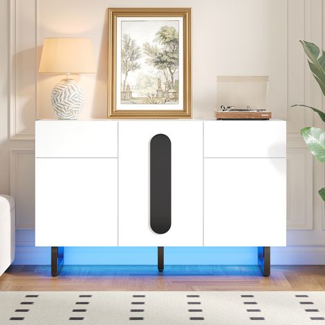 Buffet moderne 120 cm avec grand espace de rangement, tiroirs et portes, blanc avec poignées noires et pieds en métal, idéal pour salle à manger, salon ou cuisine, élégant et stable