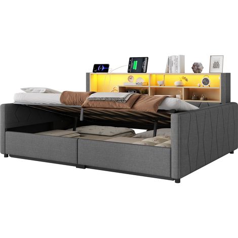 Lit banquette coffre 140x200 cm gris effet lin avec hydraulique, LED, prise intégrée, port USB et rangement sous le lit (1/5)