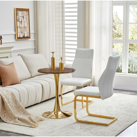 Set tavolo rotondo 60 cm effetto noce in MDF con 2 sedie bianche HAVRYA (1/5)
