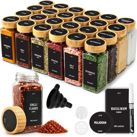 Lot de 24 Bocaux à Épices Carrés - Verre et Bambou - Couvercles Hermétiques avec Saupoudreur - Rangement Cuisine Organisé - 95ml (1/5)