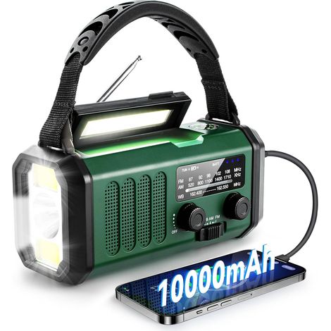 Radio météo d'urgence, meilleure batterie portable 10 000 mAh, manivelle, radios solaires AM/FM, chargeur de téléphone de type C, lampe de poche, lampe de lecture, boussole, alerte de survie SOS (1/5)