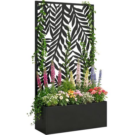 Jardinière avec treillis et motifs feuilles tropicales, bac à plantes avec séparation visuelle 61 x 23 x 113 cm noir (1/5)