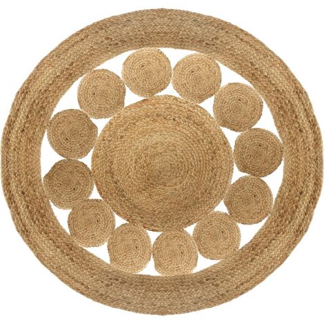Tapis rond avec pompons, moquette carpette en jute tressé coloris naturel - Diamètre 120 x Hauteur 1 cm -PEGANE- (1/4)