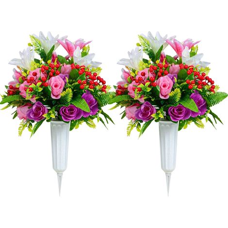 Fleurs de cimetière artificielles, Fleurs commémoratives de cimetière de lys Roses artificielles, vases pour la décoration de Pierre tombale de cimetière, Set de 2 (1)