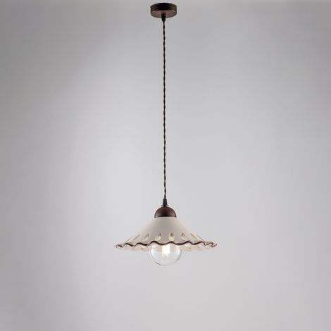 Sospensione in ferro laccato nero e decorazione effetto ruggine con diffusore in ceramica diametro 30 bianco e marrone con cavo elettrico ricoperto in tessuto intrecciato regolabile 1 luce H.15 - MAX